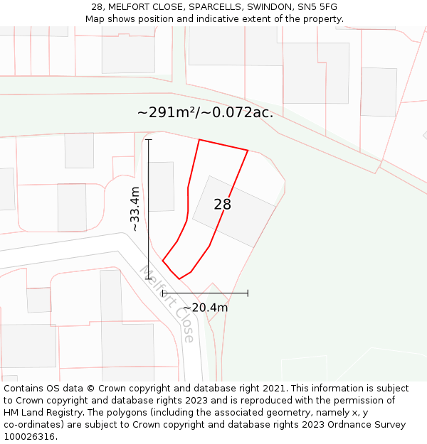 28, MELFORT CLOSE, SPARCELLS, SWINDON, SN5 5FG: Plot and title map