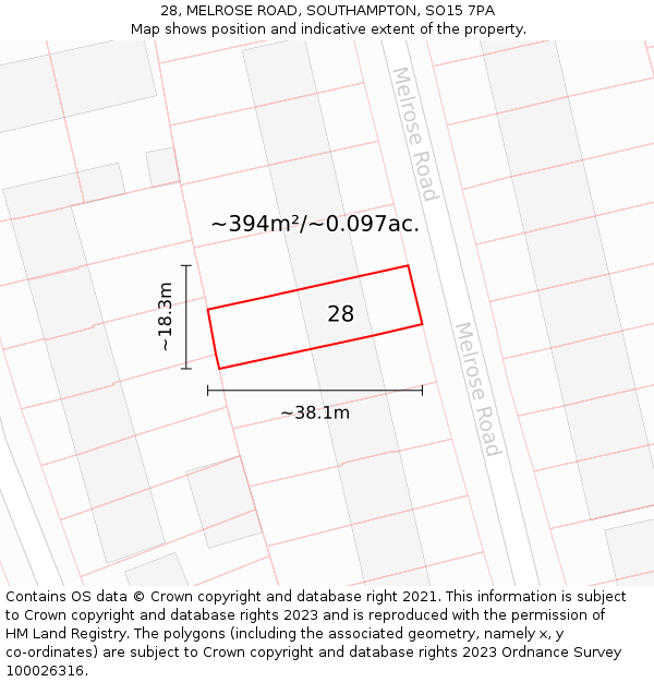 28, MELROSE ROAD, SOUTHAMPTON, SO15 7PA: Plot and title map