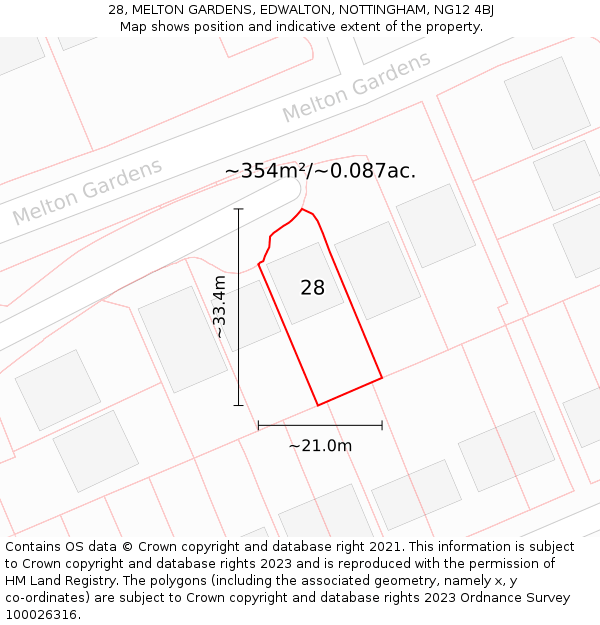 28, MELTON GARDENS, EDWALTON, NOTTINGHAM, NG12 4BJ: Plot and title map