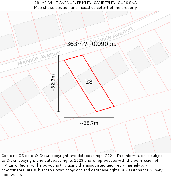 28, MELVILLE AVENUE, FRIMLEY, CAMBERLEY, GU16 8NA: Plot and title map