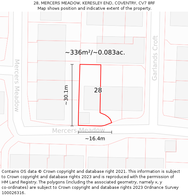 28, MERCERS MEADOW, KERESLEY END, COVENTRY, CV7 8RF: Plot and title map