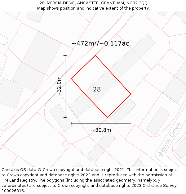 28, MERCIA DRIVE, ANCASTER, GRANTHAM, NG32 3QQ: Plot and title map