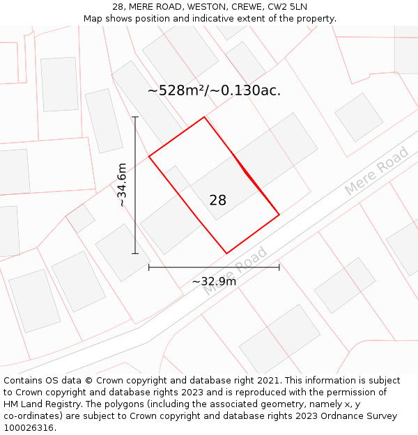 28, MERE ROAD, WESTON, CREWE, CW2 5LN: Plot and title map