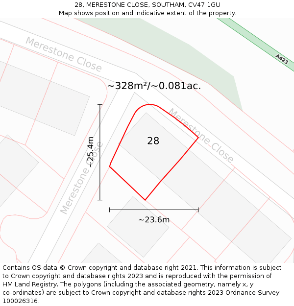 28, MERESTONE CLOSE, SOUTHAM, CV47 1GU: Plot and title map