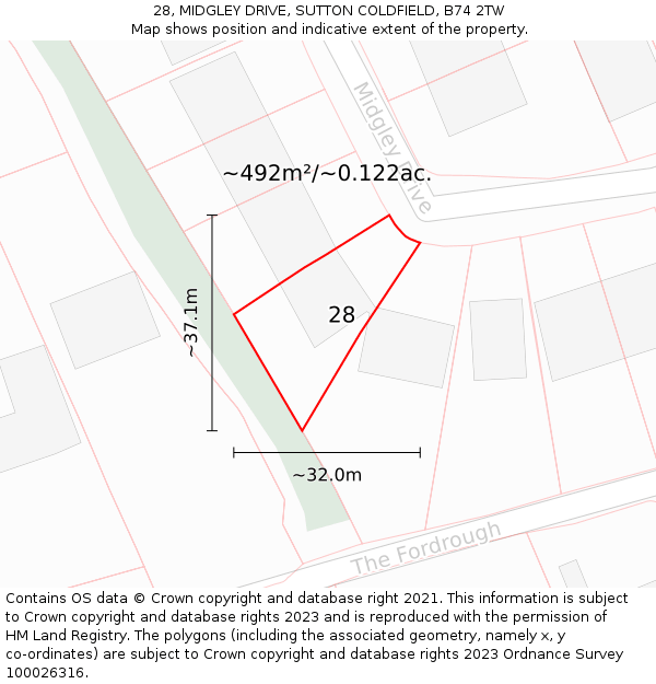 28, MIDGLEY DRIVE, SUTTON COLDFIELD, B74 2TW: Plot and title map