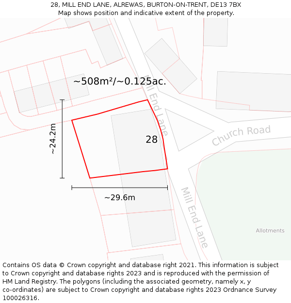 28, MILL END LANE, ALREWAS, BURTON-ON-TRENT, DE13 7BX: Plot and title map