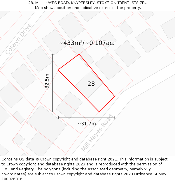 28, MILL HAYES ROAD, KNYPERSLEY, STOKE-ON-TRENT, ST8 7BU: Plot and title map