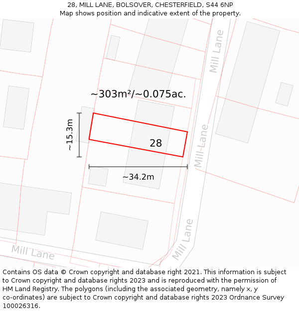 28, MILL LANE, BOLSOVER, CHESTERFIELD, S44 6NP: Plot and title map