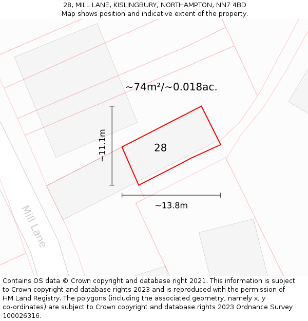 28, MILL LANE, KISLINGBURY, NORTHAMPTON, NN7 4BD: Plot and title map