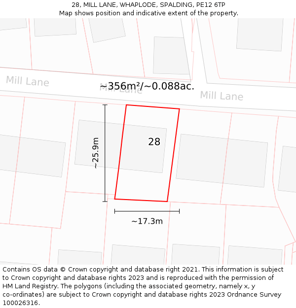 28, MILL LANE, WHAPLODE, SPALDING, PE12 6TP: Plot and title map