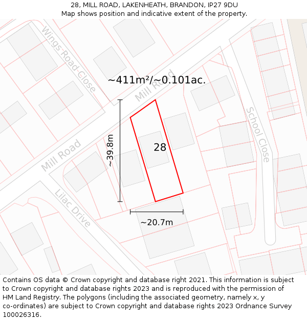 28, MILL ROAD, LAKENHEATH, BRANDON, IP27 9DU: Plot and title map