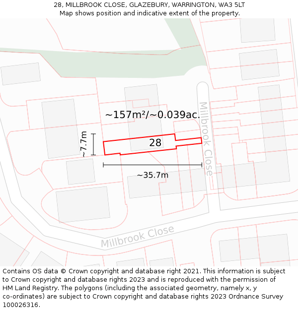 28, MILLBROOK CLOSE, GLAZEBURY, WARRINGTON, WA3 5LT: Plot and title map