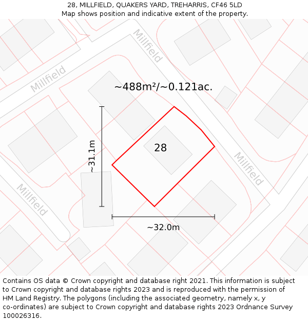 28, MILLFIELD, QUAKERS YARD, TREHARRIS, CF46 5LD: Plot and title map