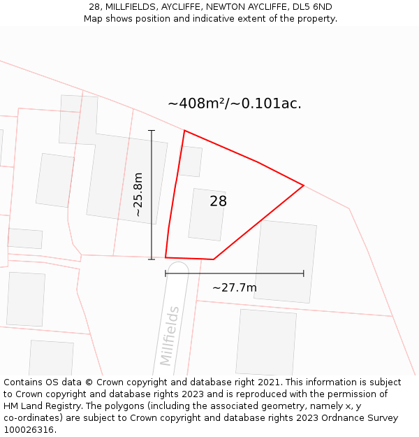 28, MILLFIELDS, AYCLIFFE, NEWTON AYCLIFFE, DL5 6ND: Plot and title map