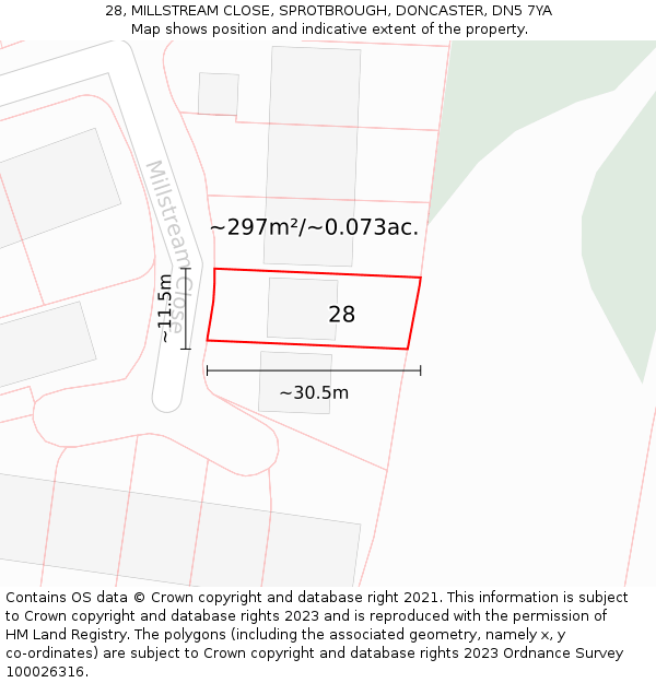 28, MILLSTREAM CLOSE, SPROTBROUGH, DONCASTER, DN5 7YA: Plot and title map