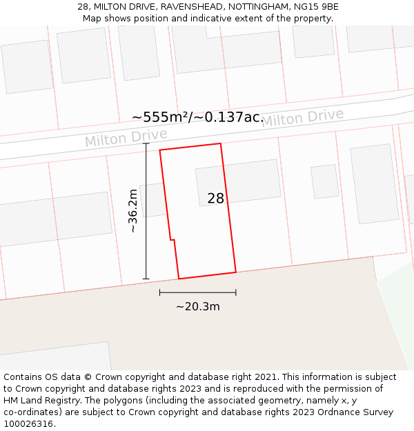 28, MILTON DRIVE, RAVENSHEAD, NOTTINGHAM, NG15 9BE: Plot and title map