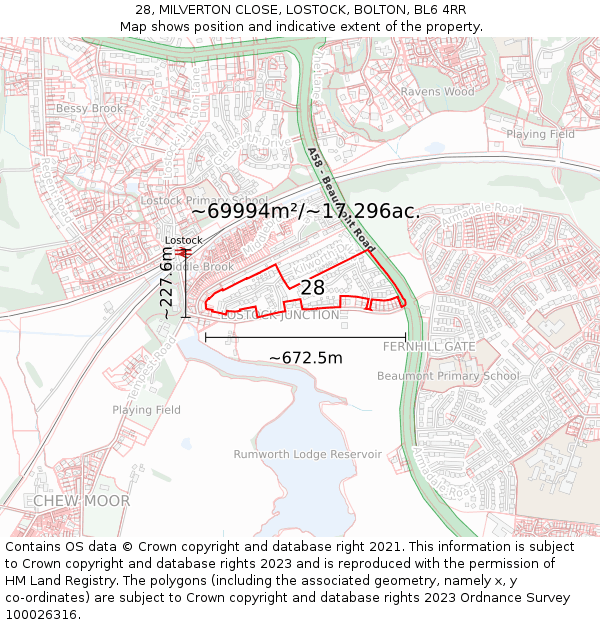 28, MILVERTON CLOSE, LOSTOCK, BOLTON, BL6 4RR: Plot and title map