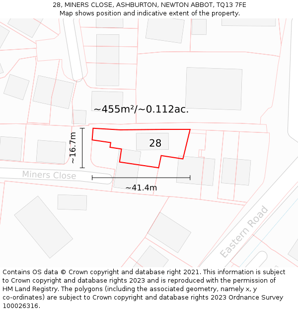 28, MINERS CLOSE, ASHBURTON, NEWTON ABBOT, TQ13 7FE: Plot and title map