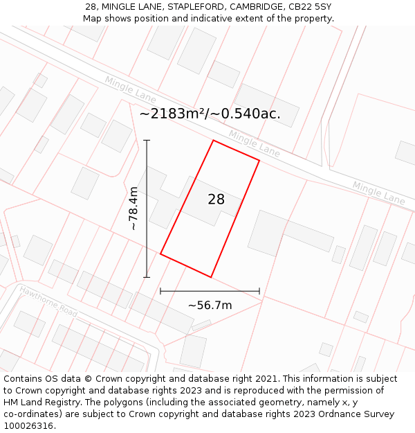 28, MINGLE LANE, STAPLEFORD, CAMBRIDGE, CB22 5SY: Plot and title map