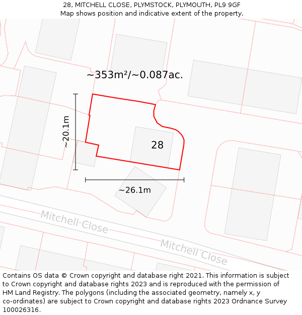 28, MITCHELL CLOSE, PLYMSTOCK, PLYMOUTH, PL9 9GF: Plot and title map