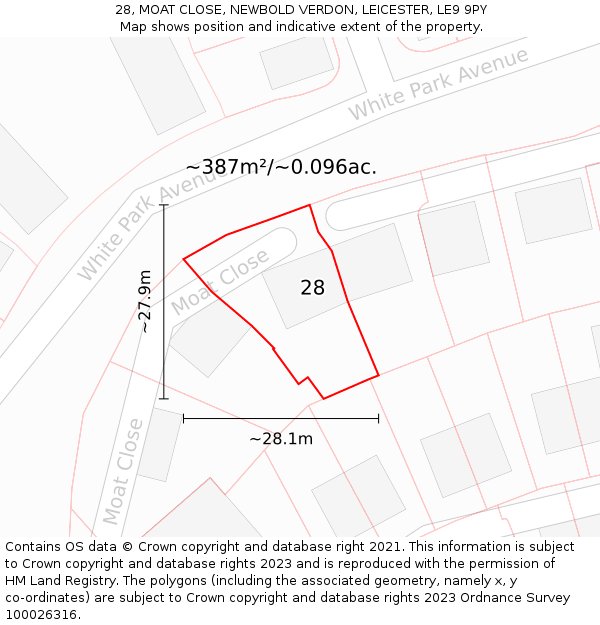 28, MOAT CLOSE, NEWBOLD VERDON, LEICESTER, LE9 9PY: Plot and title map