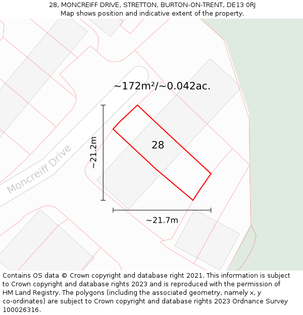 28, MONCREIFF DRIVE, STRETTON, BURTON-ON-TRENT, DE13 0RJ: Plot and title map