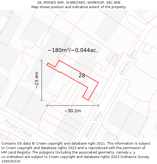 28, MONKS WAY, SHIREOAKS, WORKSOP, S81 8NE: Plot and title map