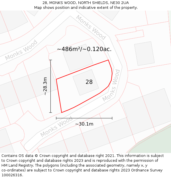 28, MONKS WOOD, NORTH SHIELDS, NE30 2UA: Plot and title map