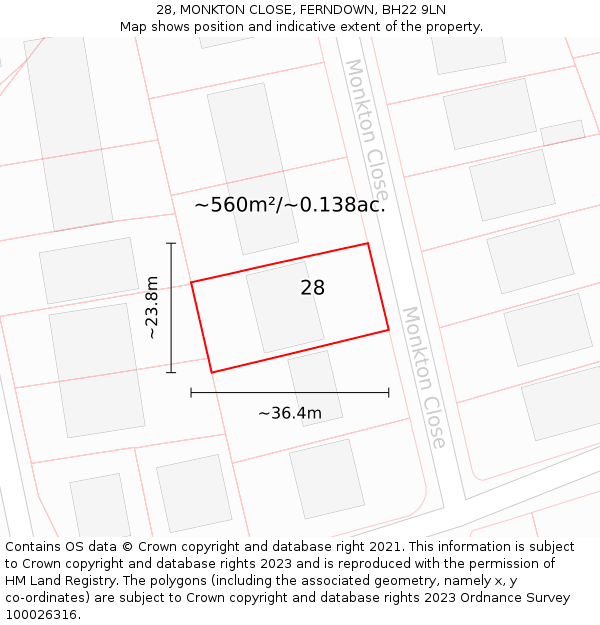 28, MONKTON CLOSE, FERNDOWN, BH22 9LN: Plot and title map
