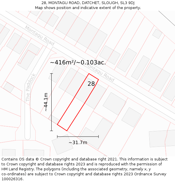 28, MONTAGU ROAD, DATCHET, SLOUGH, SL3 9DJ: Plot and title map