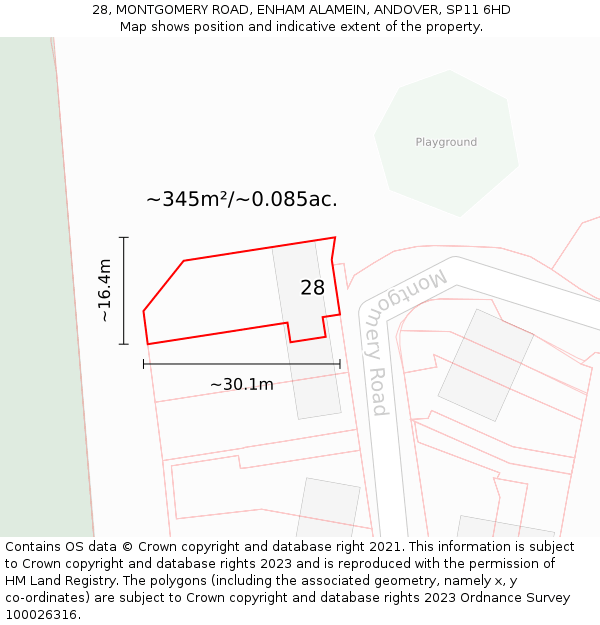 28, MONTGOMERY ROAD, ENHAM ALAMEIN, ANDOVER, SP11 6HD: Plot and title map