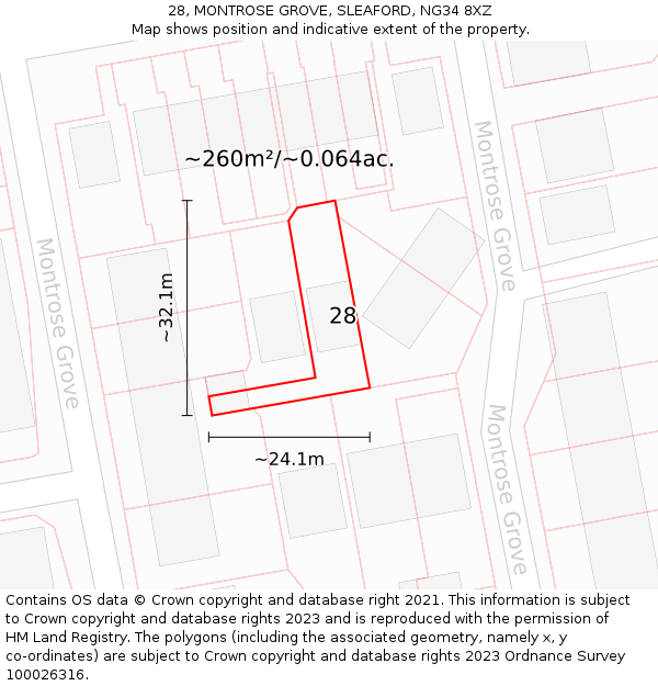 28, MONTROSE GROVE, SLEAFORD, NG34 8XZ: Plot and title map