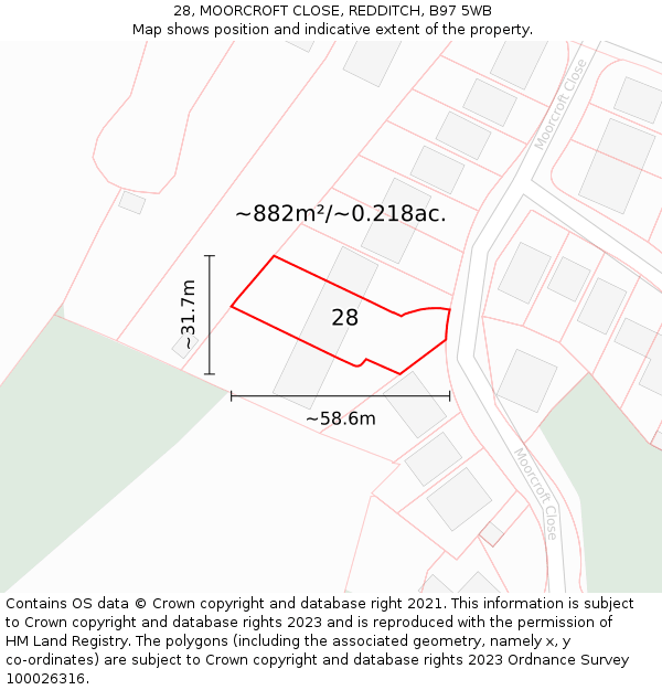 28, MOORCROFT CLOSE, REDDITCH, B97 5WB: Plot and title map