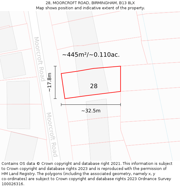 28, MOORCROFT ROAD, BIRMINGHAM, B13 8LX: Plot and title map