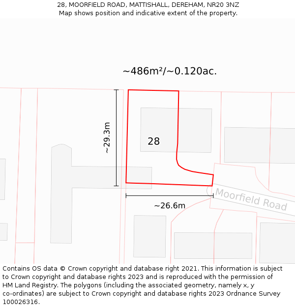 28, MOORFIELD ROAD, MATTISHALL, DEREHAM, NR20 3NZ: Plot and title map