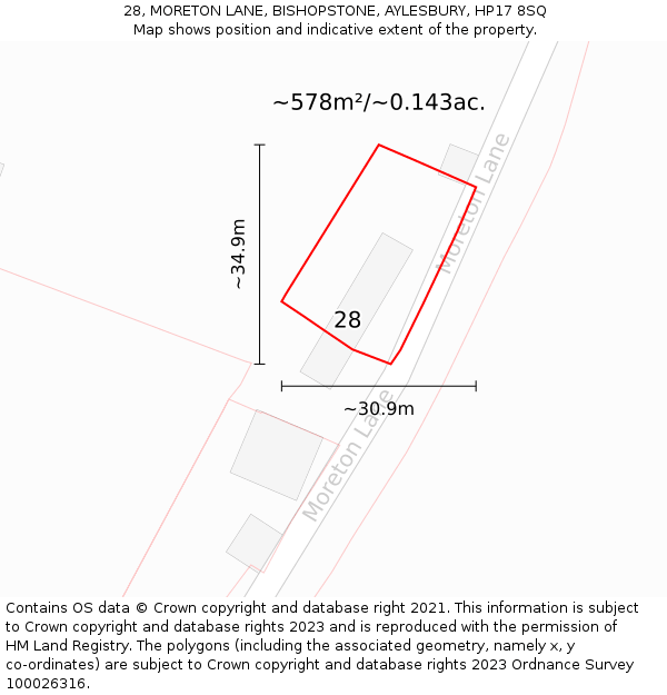 28, MORETON LANE, BISHOPSTONE, AYLESBURY, HP17 8SQ: Plot and title map