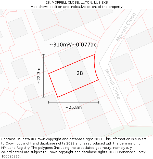 28, MORRELL CLOSE, LUTON, LU3 3XB: Plot and title map