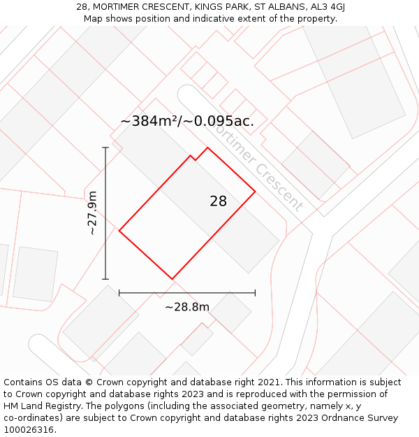 28, MORTIMER CRESCENT, KINGS PARK, ST ALBANS, AL3 4GJ: Plot and title map