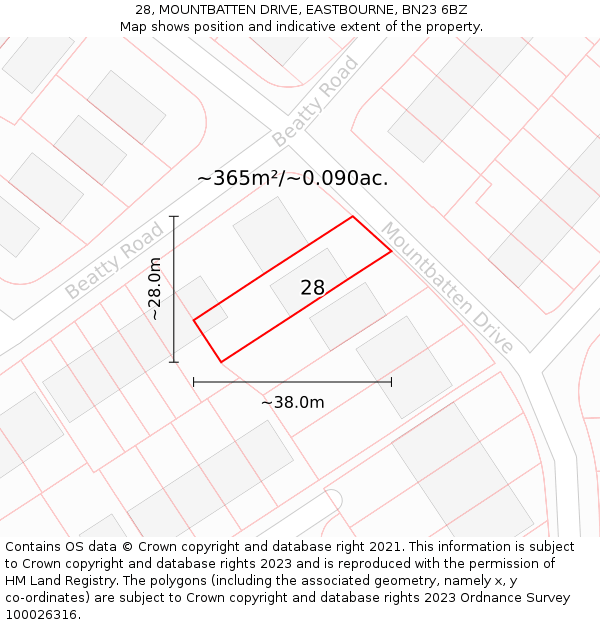 28, MOUNTBATTEN DRIVE, EASTBOURNE, BN23 6BZ: Plot and title map