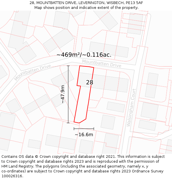 28, MOUNTBATTEN DRIVE, LEVERINGTON, WISBECH, PE13 5AF: Plot and title map