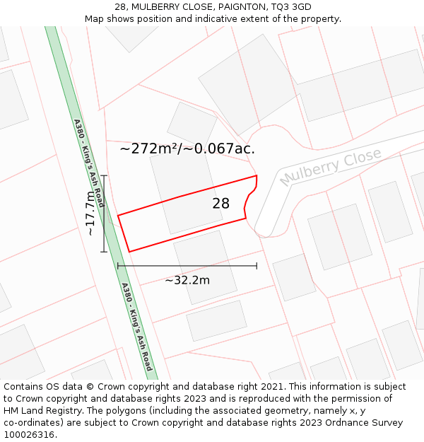 28, MULBERRY CLOSE, PAIGNTON, TQ3 3GD: Plot and title map