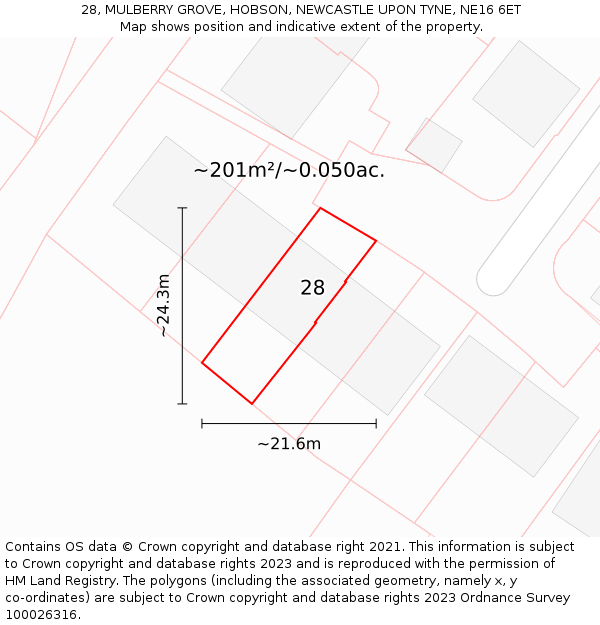 28, MULBERRY GROVE, HOBSON, NEWCASTLE UPON TYNE, NE16 6ET: Plot and title map