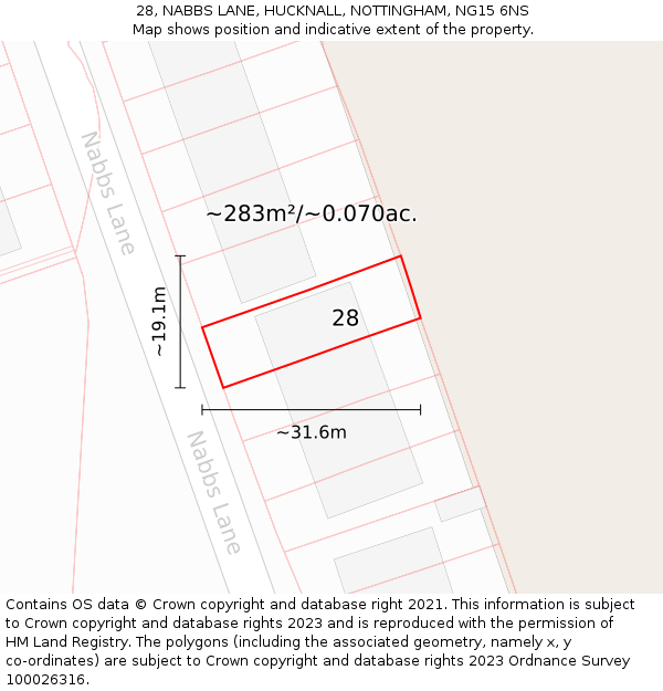 28, NABBS LANE, HUCKNALL, NOTTINGHAM, NG15 6NS: Plot and title map