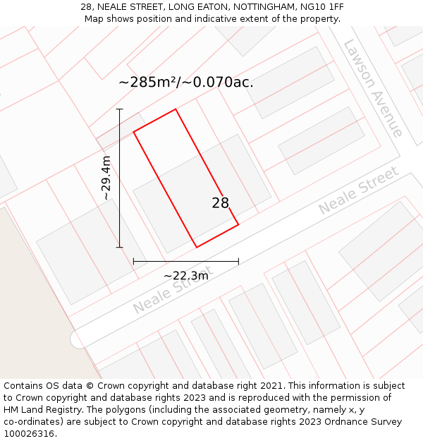 28, NEALE STREET, LONG EATON, NOTTINGHAM, NG10 1FF: Plot and title map