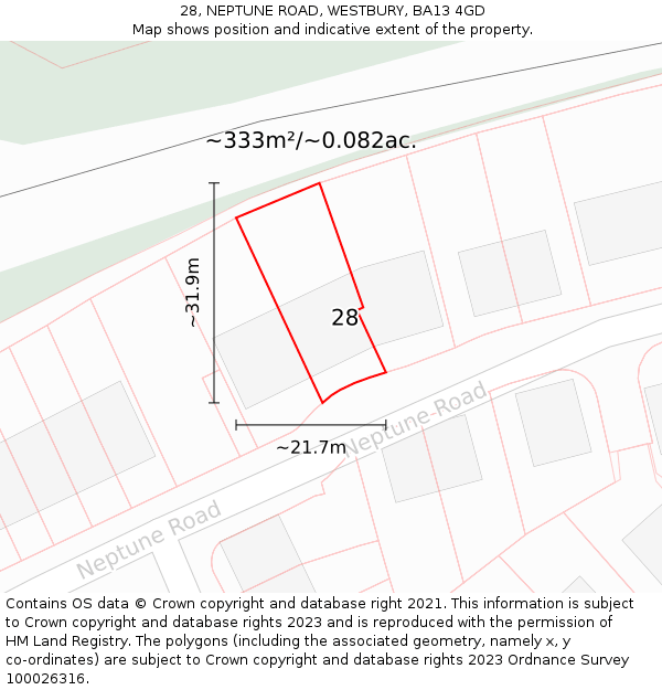 28, NEPTUNE ROAD, WESTBURY, BA13 4GD: Plot and title map