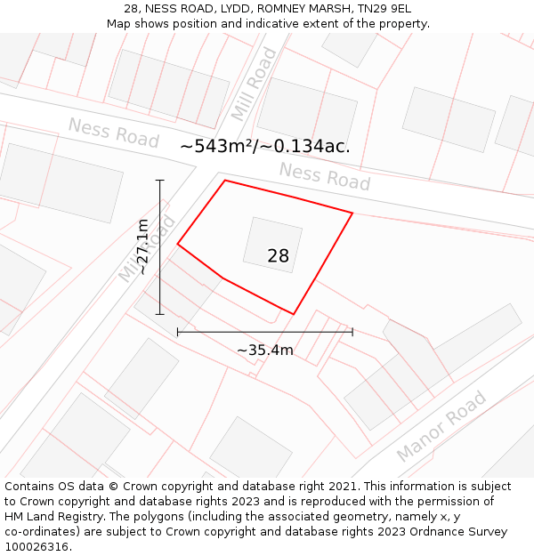 28, NESS ROAD, LYDD, ROMNEY MARSH, TN29 9EL: Plot and title map