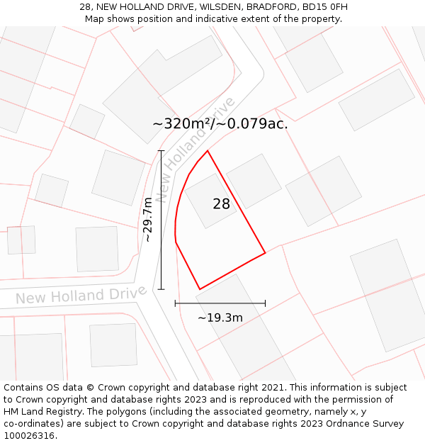 28, NEW HOLLAND DRIVE, WILSDEN, BRADFORD, BD15 0FH: Plot and title map