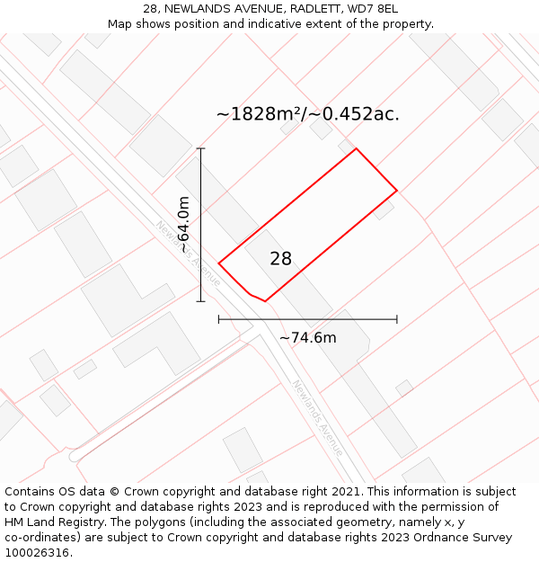 28, NEWLANDS AVENUE, RADLETT, WD7 8EL: Plot and title map