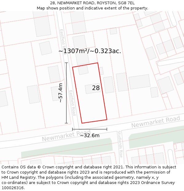 28, NEWMARKET ROAD, ROYSTON, SG8 7EL: Plot and title map