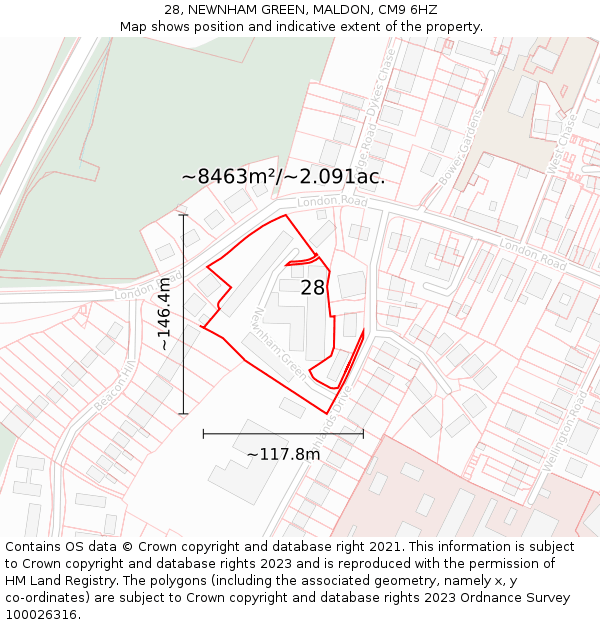 28, NEWNHAM GREEN, MALDON, CM9 6HZ: Plot and title map